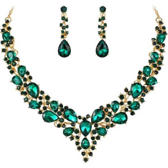 Women’s Austrian Crystal Teardrop Statement Necklace & Earrings Set - Picture 1 of 4